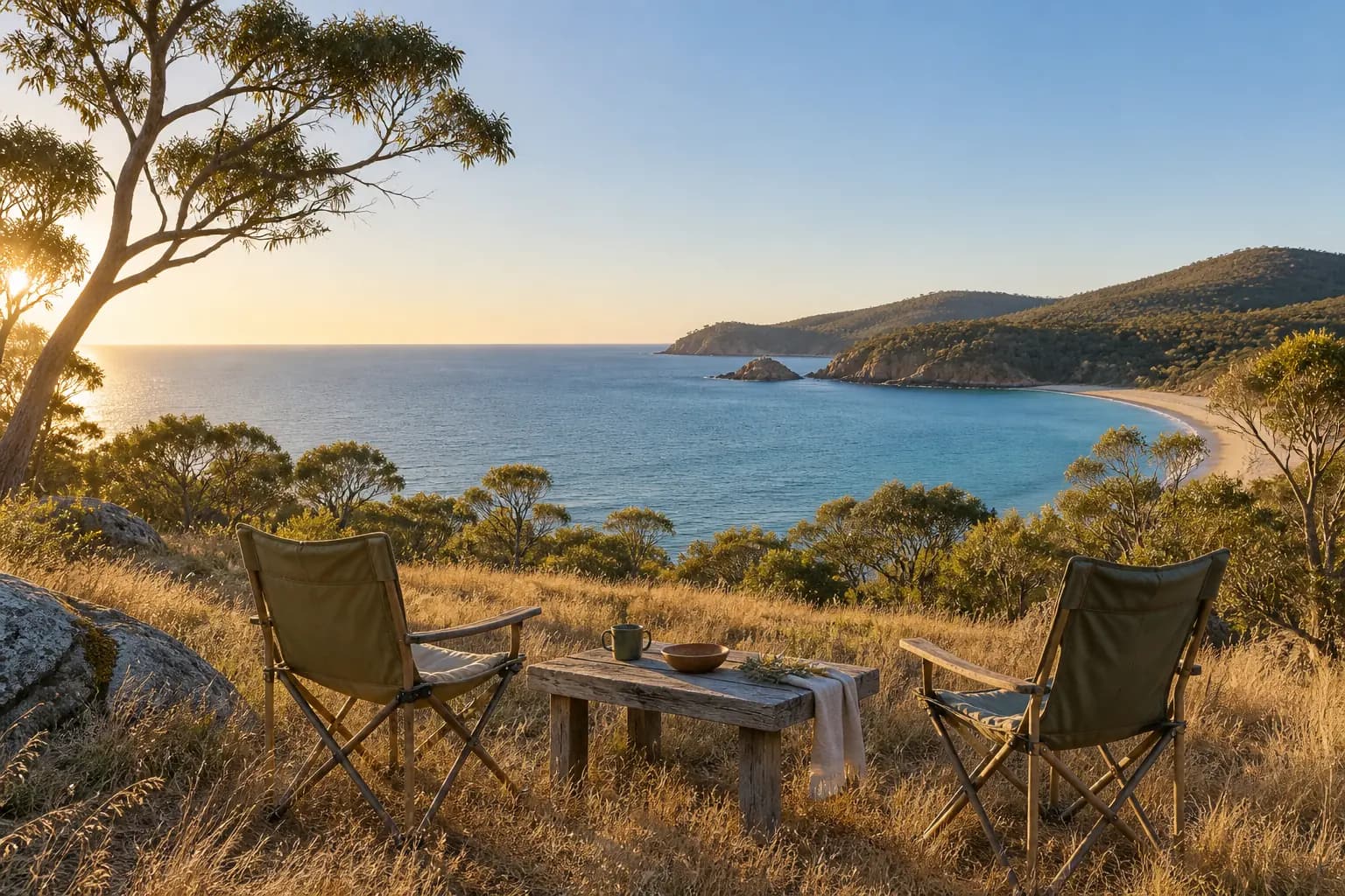 Quiet campsite looking over an Australian coastal bay