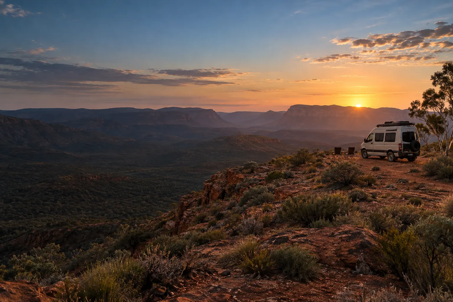 Campervan overlooking Australian outback ranges at sunset