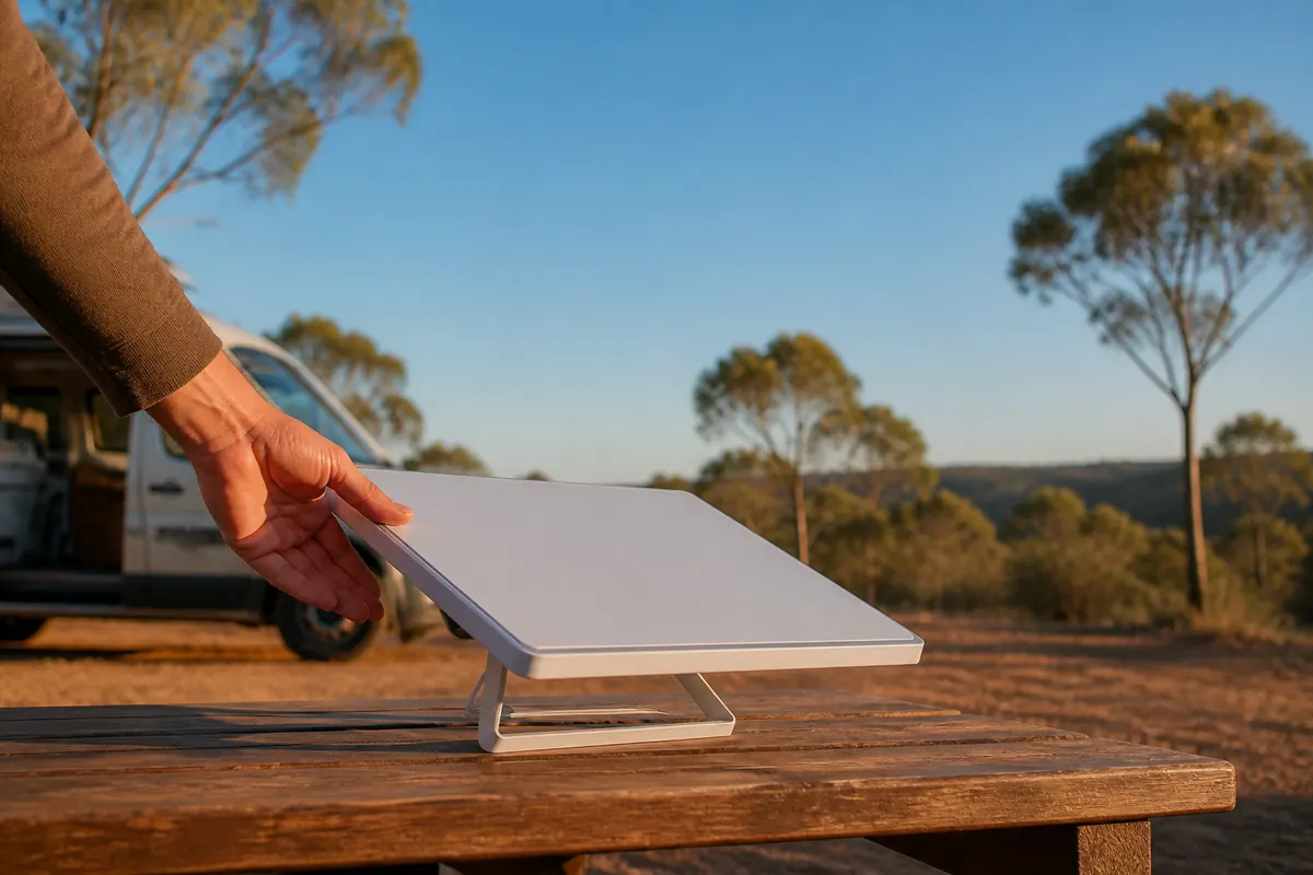 Illustration of the Starlink Mini on its kickstand